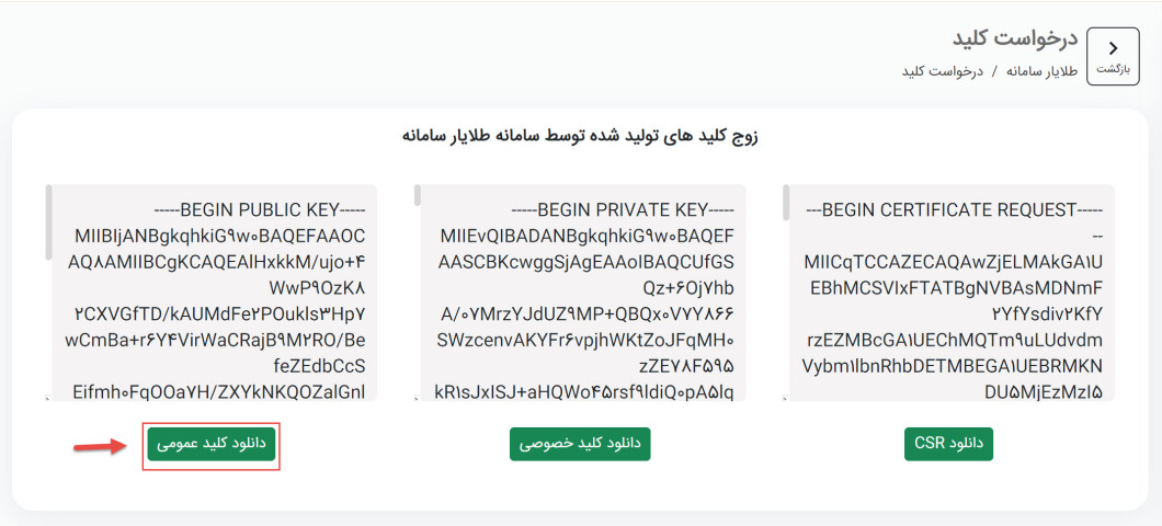 نحوه دریافت کلید خصوصی و عمومی در طلایارسامانه