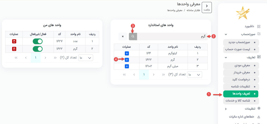 تعریف واحد ها در طلایارسامانه